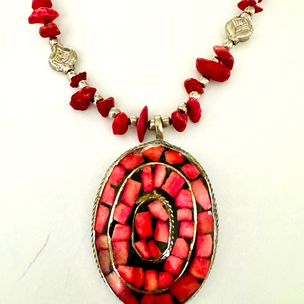 Silver and red coral 18” necklace